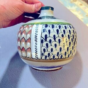 Erandi Tonala Mexican Folk Art Multi Color Hand Painted 5.75" Tall Round Vase